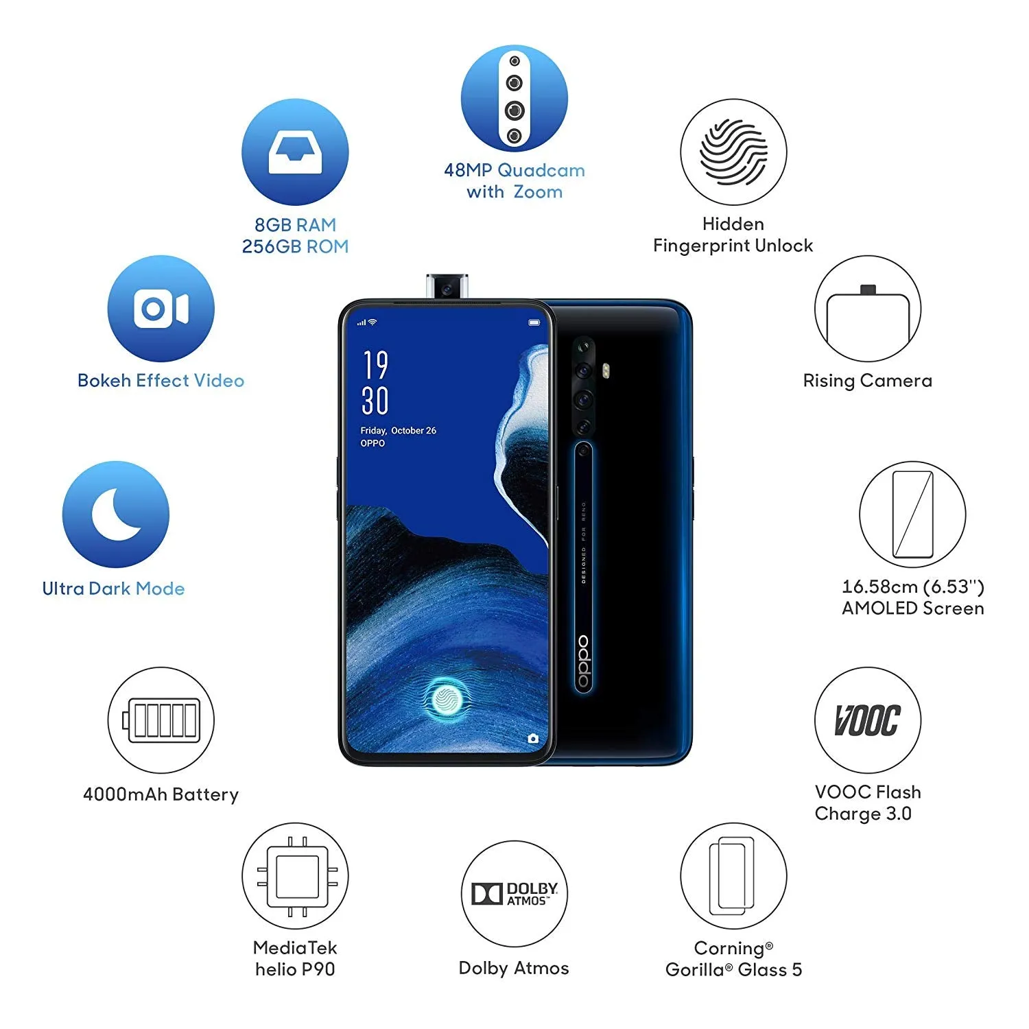 OPPO Reno2 Z (Luminous Black, 8GB RAM, 256GB Storage) Unlocked with 1 year seller warranty