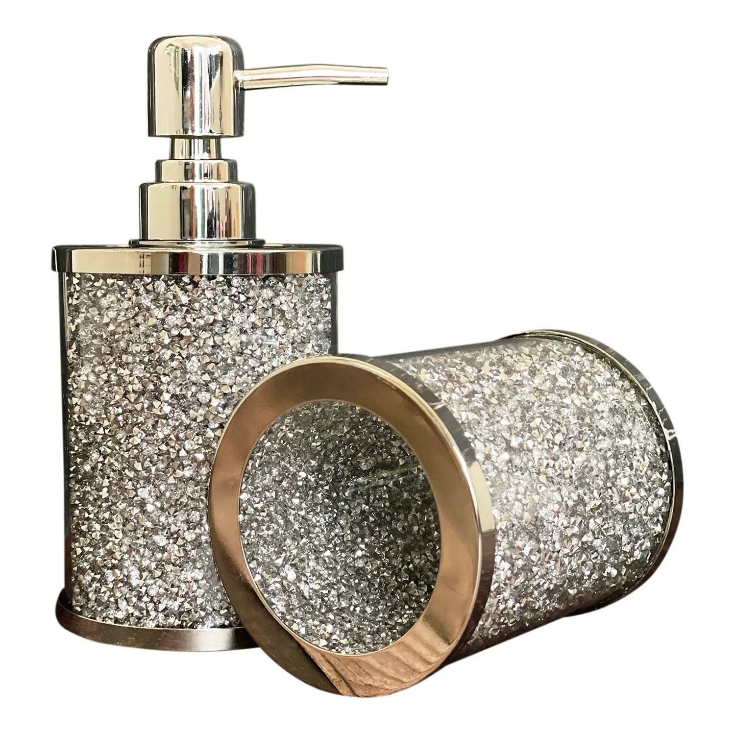 Soap Dispenser and Toothbrush Holder with Tray, Silver Crushed Diamond Glass