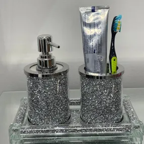 Soap Dispenser and Toothbrush Holder with Tray, Silver Crushed Diamond Glass