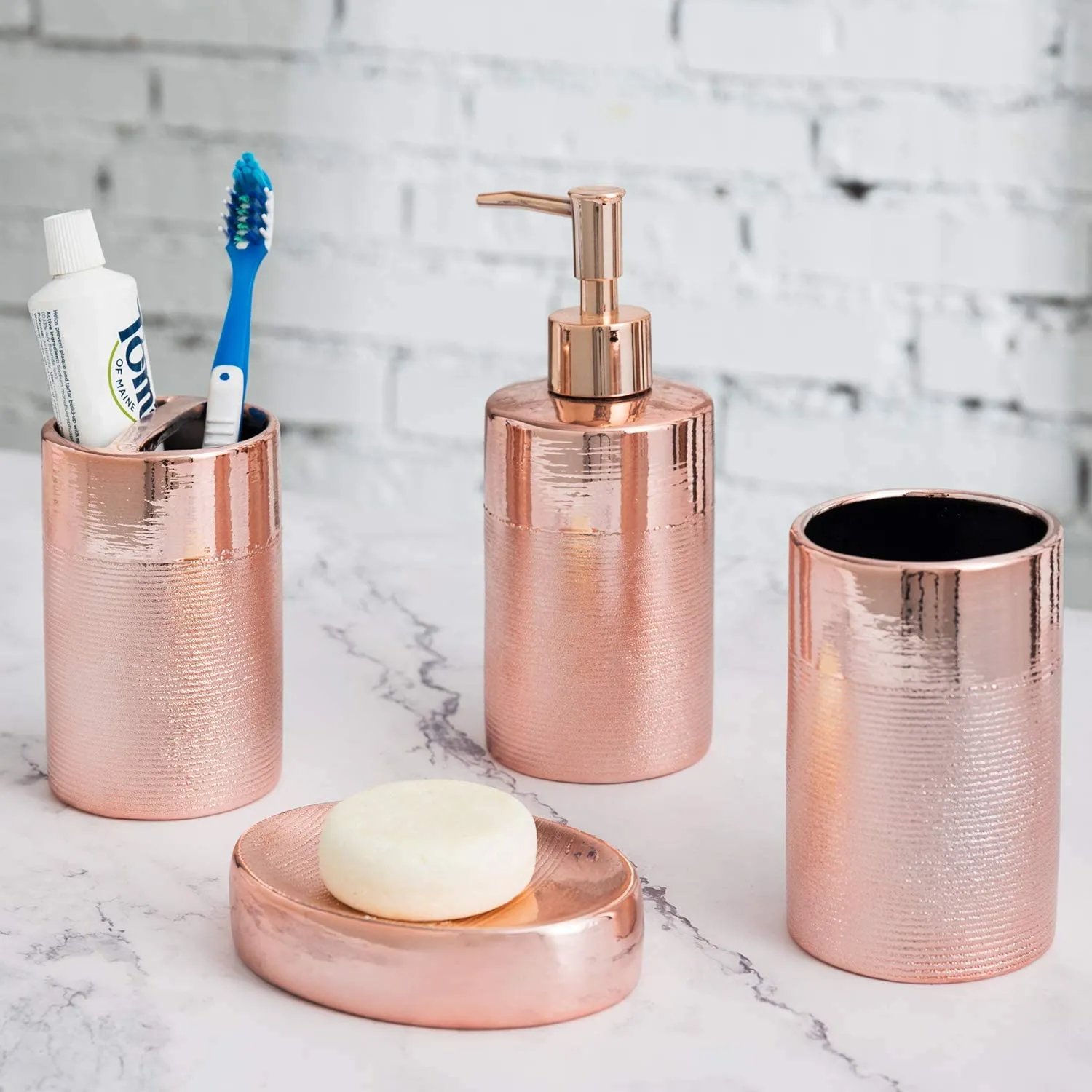 Textured Rose Gold Ceramic Bathroom Set