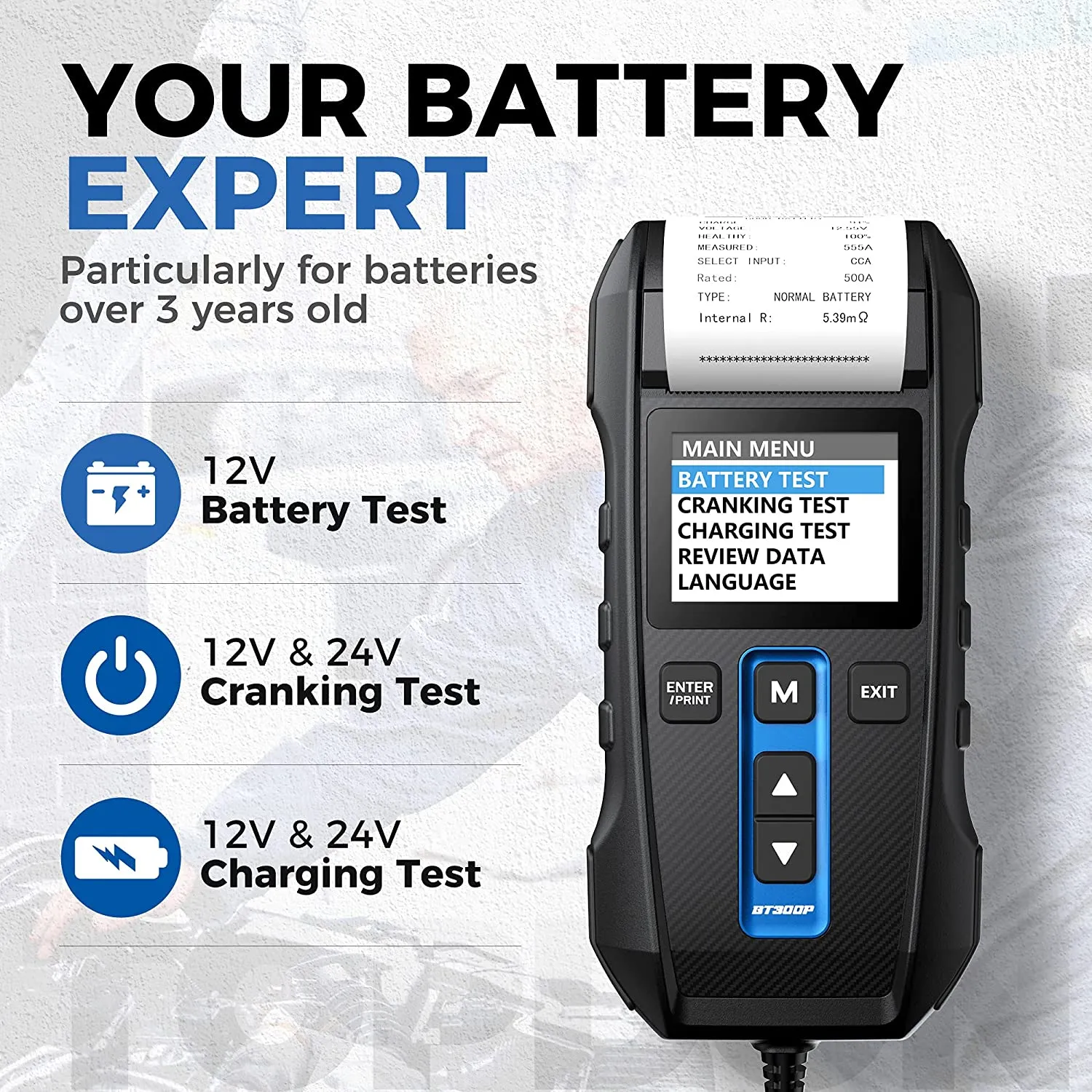 TOPDON BT300P Battery, Charging System, and Cranking System Analyzer with Built-In Printer