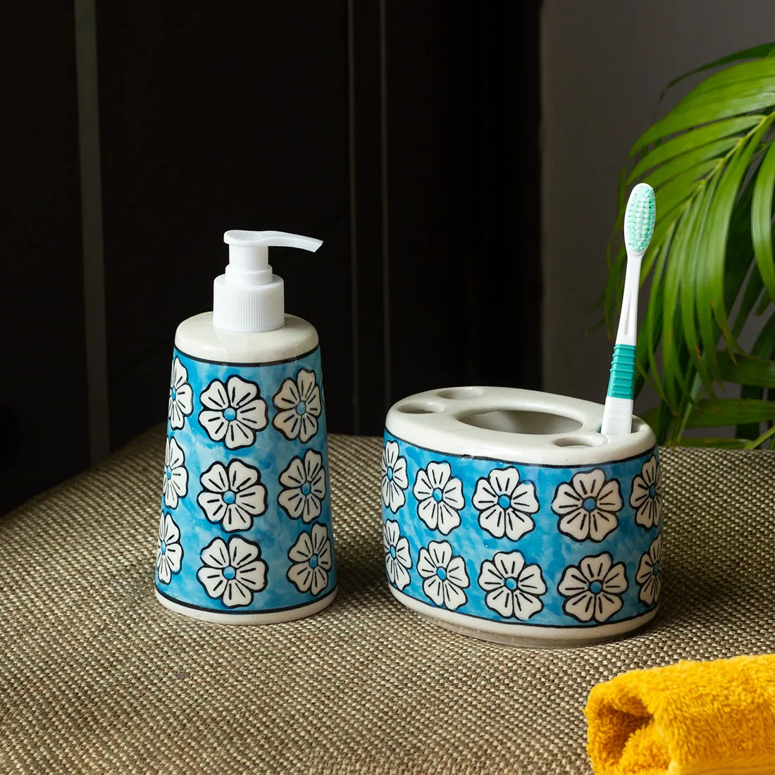 'Turquoise Mogra' Hand-painted Bathroom Accessory Set In Ceramic (Liquid Soap Dispenser, Toothbrush Holder)