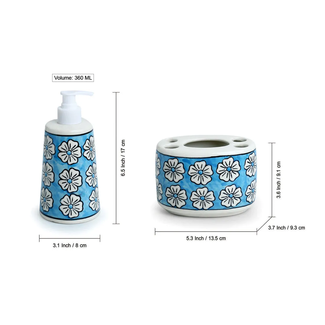 'Turquoise Mogra' Hand-painted Bathroom Accessory Set In Ceramic (Liquid Soap Dispenser, Toothbrush Holder)