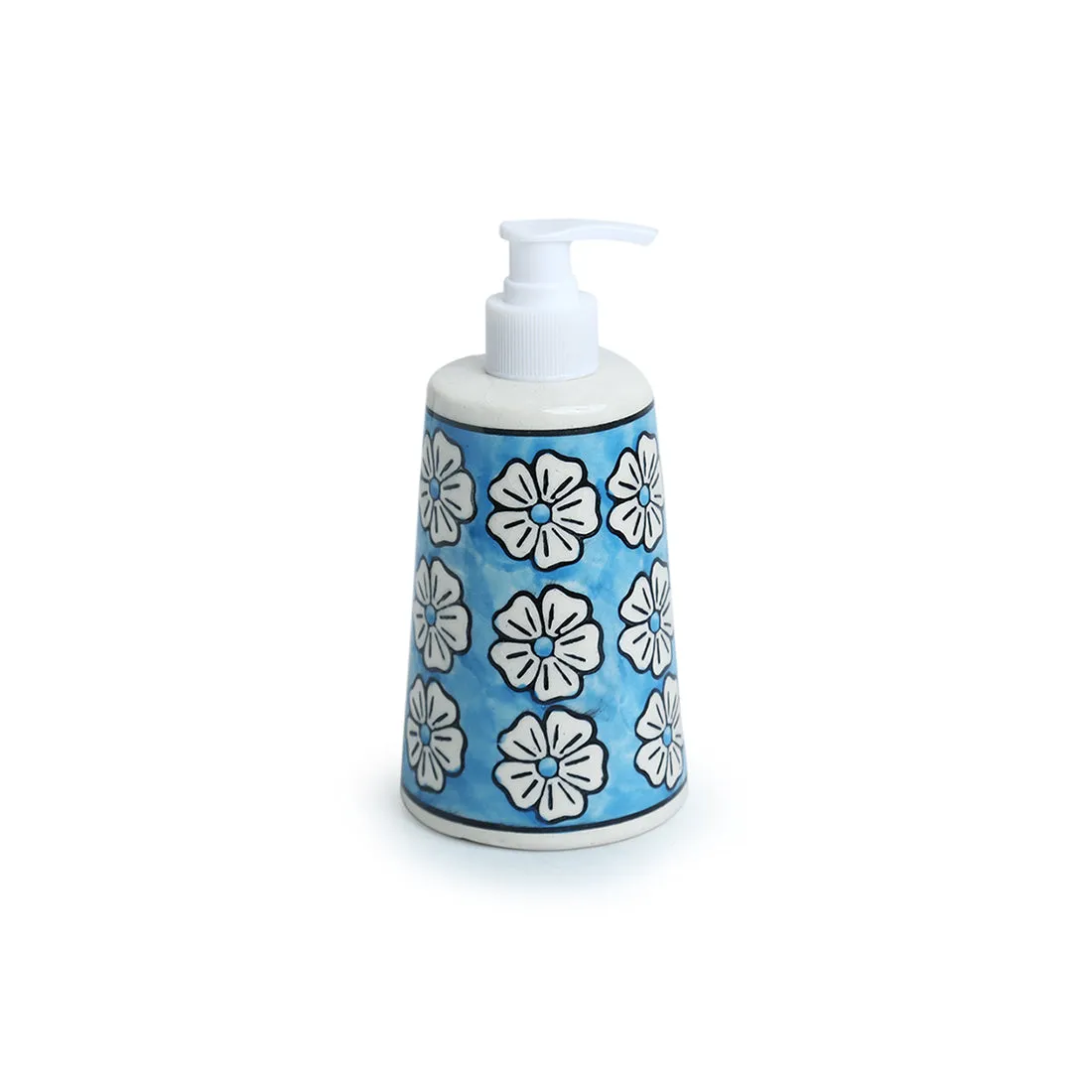 'Turquoise Mogra' Hand-painted Bathroom Accessory Set In Ceramic (Liquid Soap Dispenser, Toothbrush Holder)