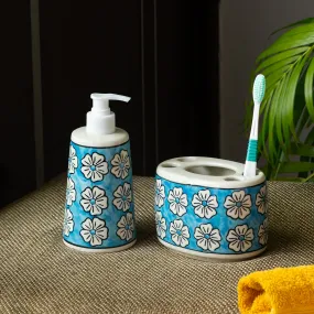 'Turquoise Mogra' Hand-painted Bathroom Accessory Set In Ceramic (Liquid Soap Dispenser, Toothbrush Holder)