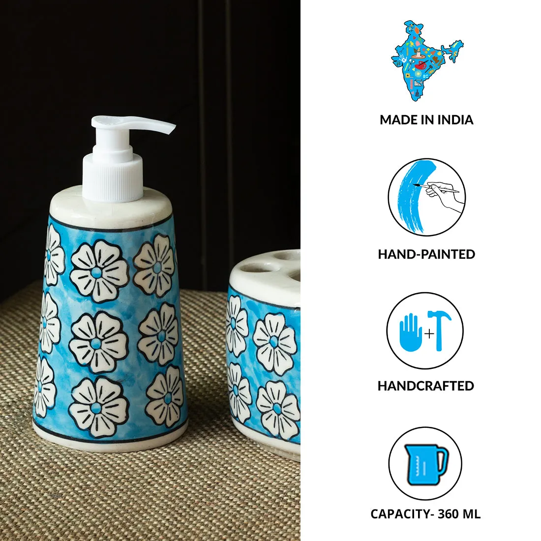 'Turquoise Mogra' Hand-painted Bathroom Accessory Set In Ceramic (Liquid Soap Dispenser, Toothbrush Holder)