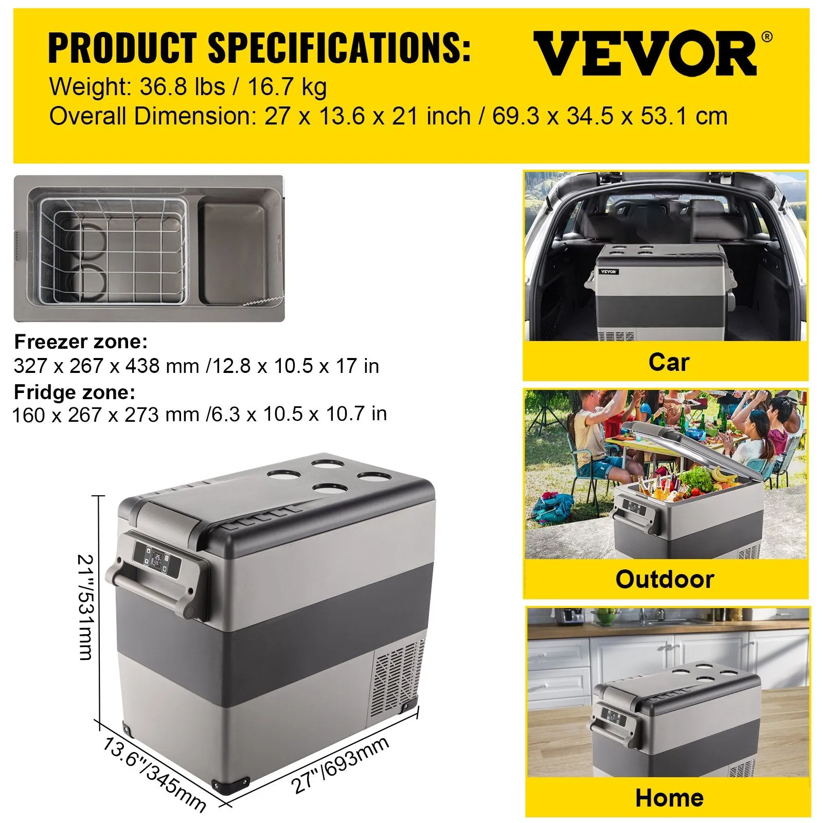 Vevor Portable Refrigerator 58 Qt 12V Dual Zone -4°F to 68°F Adjustable Temperature New