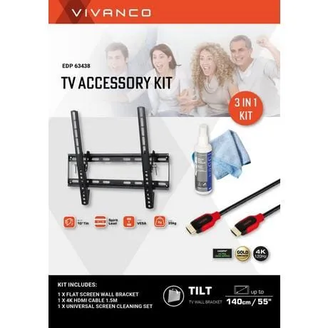 Vivanco 63438 TV Accessory Kit with 23"- 55" Tilt Wall Bracket, 1.5m HDMI Cable and Screen Cleaner