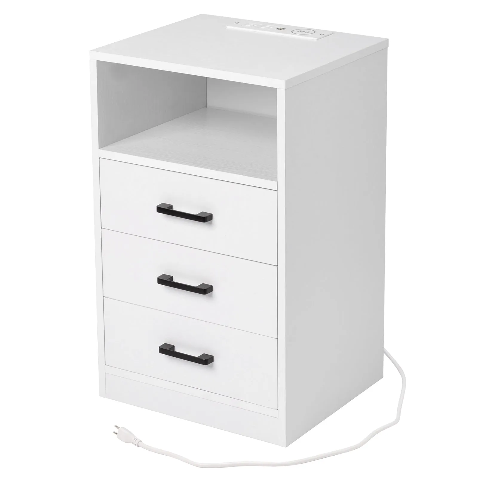 White Nightstand with Wireless Charging Station and LED Lights, Modern End Side Table with 3 Drawers